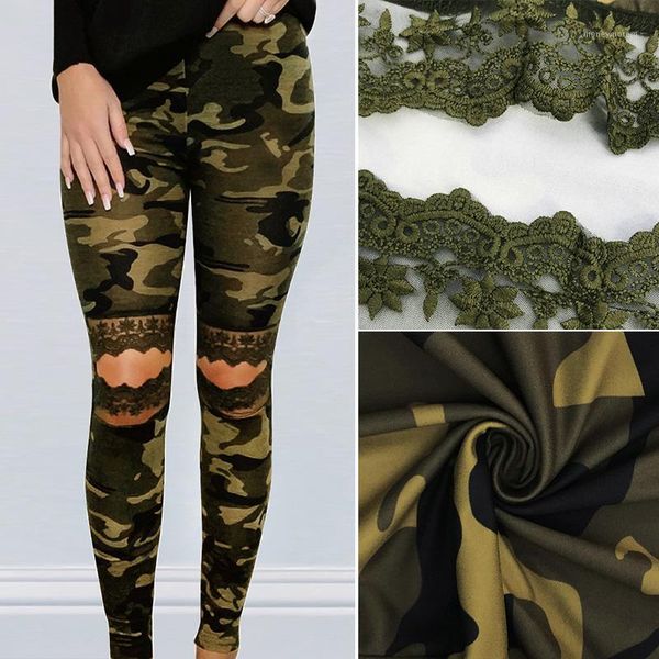 

women's pants & capris women's fashion camouflage printed high-waist elastic cut-out lace casual pants1, Black;white