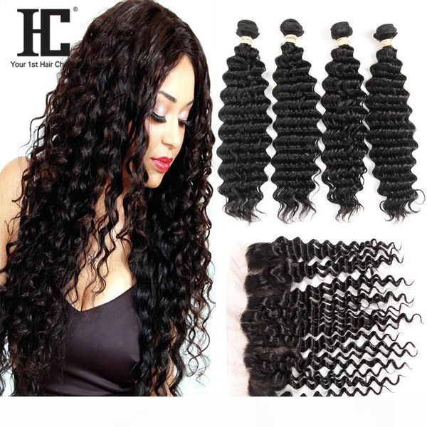 

hc волос продукт pre щипковых lace фронтальная с 4 связки бразильский глубокая волна волос 100% человеческих волос 4 biundles с лобовой 13 *, Black;brown