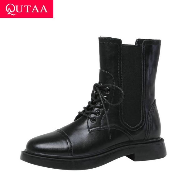

qutaa 2021 patent leather round toe lace up ankle boots square heel autumn winter women shoes cow leather short boots size 34-39, Black