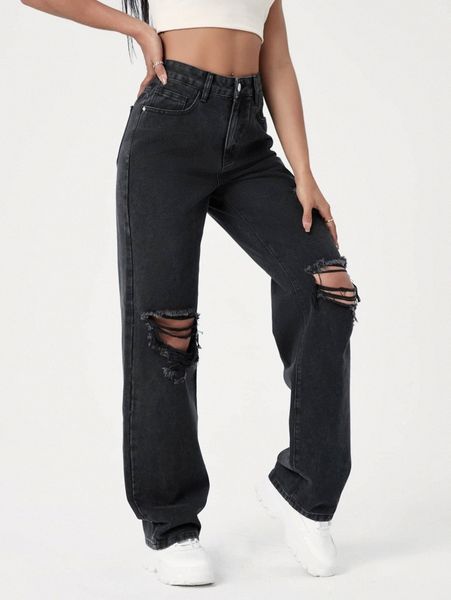 

ripped detail straight leg jeans 51w3#, Blue