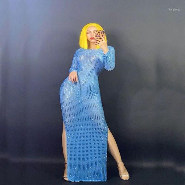 

blue rhinestones long dress lady prom evening outfit bar singer see through mesh dress shining birthday dresses1, Black;red