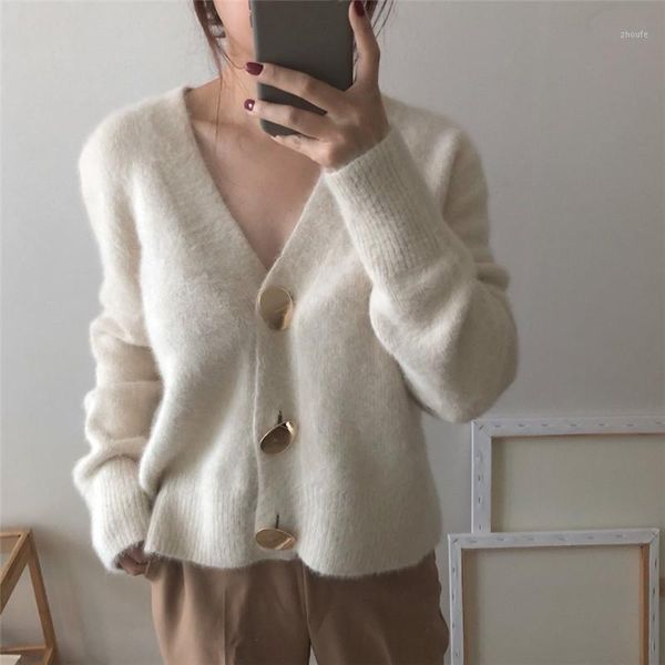 

cbafu soft mohair cardigans sweater women single breasted v neck knitted sweater jacket long sleeve jumper autumn winter p4391, White