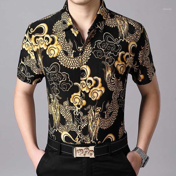 

2020 new summer men's casual slim fit short sleeve hawaiian shirt men dragon print shirt -4xl1, White;black