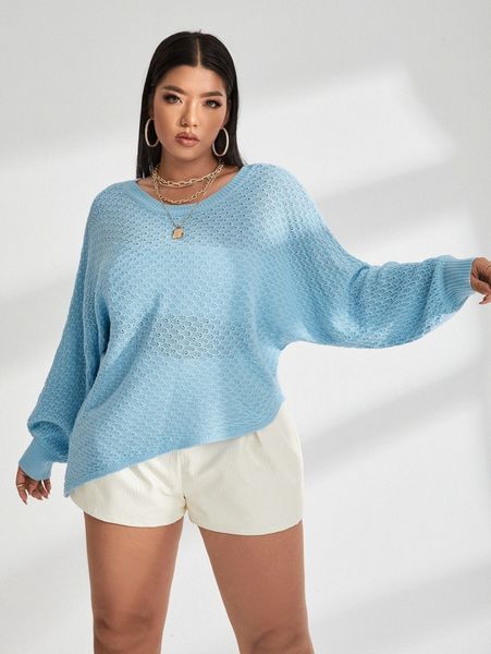 

plus pointelle knit batwing sleeve asymmetrical hem sweater i2ix#, Black