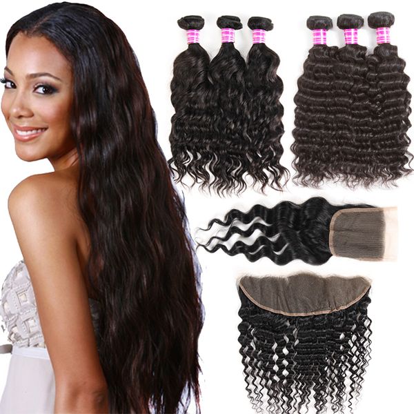 

unprocessed brazilian body wave virgin human hair 3 bundles with frontal water deep kinky curly straight remy hair extensions and closure, Black;brown