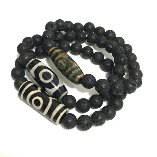 

retro energy natural tibetan dzi agates bracelets vintage jewelry prayer three-eyed agates charm black lava bracelets for male, Golden;silver