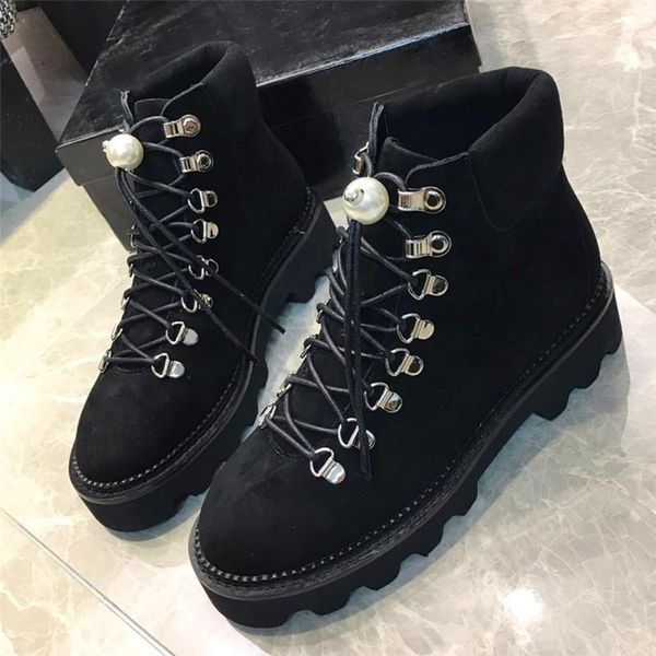 

pearl decoration motorcycle boots elastic tie ankle boots non-slip martin platform winter women's, Black