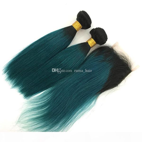 

two tone 1b green silk straight human hair weaves with lace closure dark green human hair weaves with lace closure 4pcs lot, Black;brown