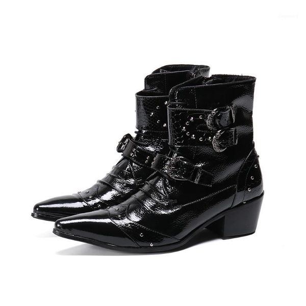 

christia bella pasonalized man lace up agrafe heighten boots large size pointed toe men's party boots man real leather zip1, Black