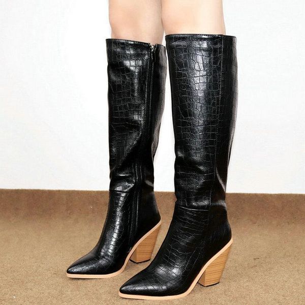 

boots 2021 women western fashion pointed toe thick high heel knee zipper ladies stone pu leather boot1, Black