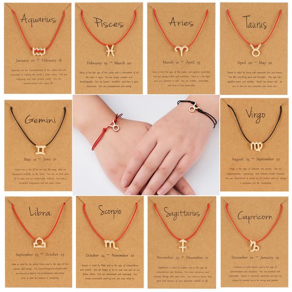 

12 manual wax rope weave bracelet twelve constellation kraft card bracelet stainless steel constellation bracelet hand rope for women girls, Black