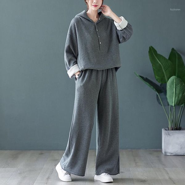 

gray fashion two-piece suit women's autumn spring loose casual hooded sweatshirt + wide-leg pants outfit tracksuit set 20211