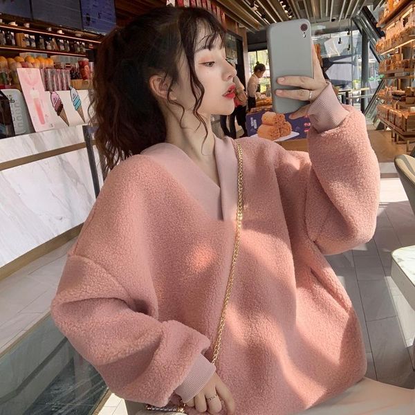 

women's hoodies & sweatshirts v-neck winter furry pullover women plus velvet padded lamb wool sweatshirt korean fashion size, Black