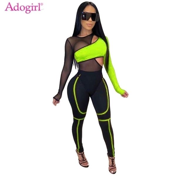 

adogirl color patchwork sheer mesh bandage jumpsuit 2 piece set hollow out long sleeve casual romper tracksuit club bodysuits y200401, Black;white