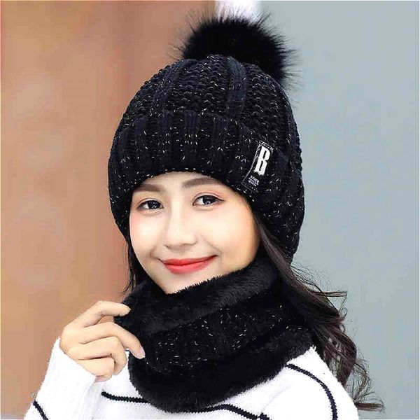 

women's velvet wool hats bib sets women hair ball knit caps female outdoor cycling windproof beanie skullies hats suit, Blue;gray