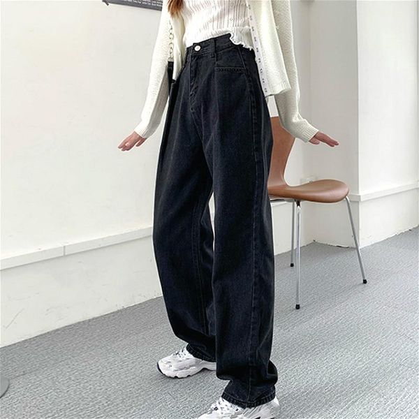 

casual waist jeans loose high women streetwear cowboy female wide leg pants black denim trousers 2020 autumn korea harajuku1, Blue