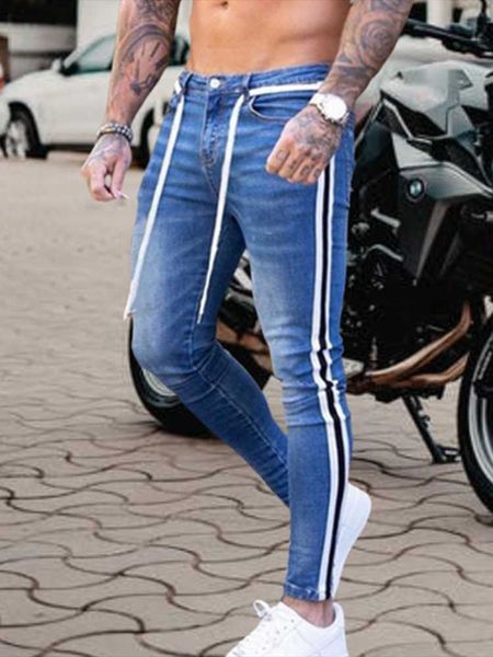 

men's jeans motorcycle fashion skinny patchwork pants male pure color small leg trouser stretch classic style, Blue