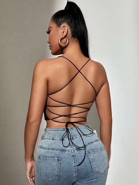 

sxy backless lace up crop cami q7mg#, White