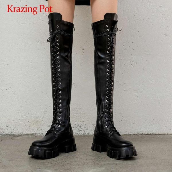 

boots krazing pot riding genuine leather cross-tied round toe platform thick high heel zipper keep warm over-the-knee l891, Black