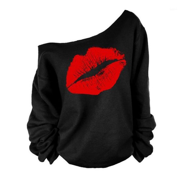 

wholesale- women long sleeve big lips off shoulder t shirt outerwear clothes1, White