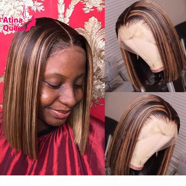 

pixie cut короткого боб человеческих волос парики 13x6 highlight honey blonde фронт шнурок парики pre набрался hairline remy mix цветных omb, Black
