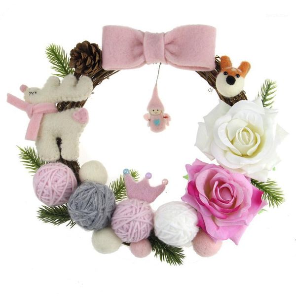 

25cm front door rose wreath wool felt pink angel deer garland diy kit baby girls home party decoration handmade birthday gift1