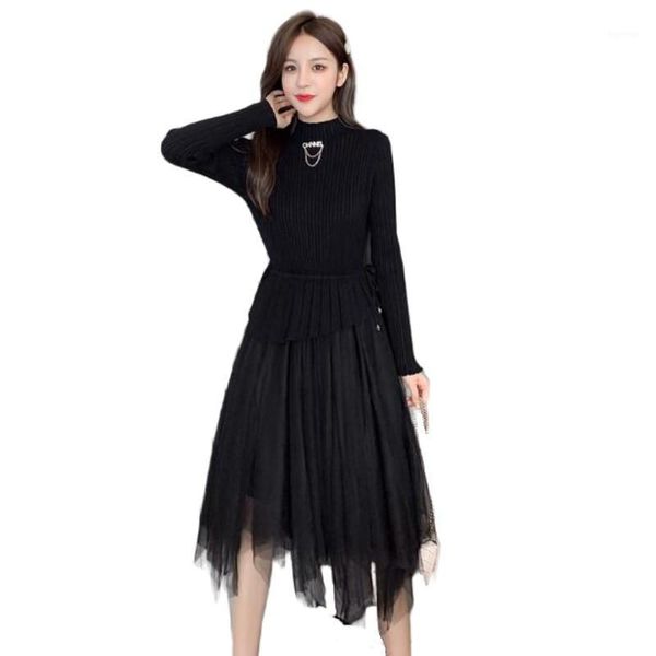 

2020 new vintage net yarn stitching knitted sweater dress women long-sleeved dress autumn elegant vestidos1, Black;gray