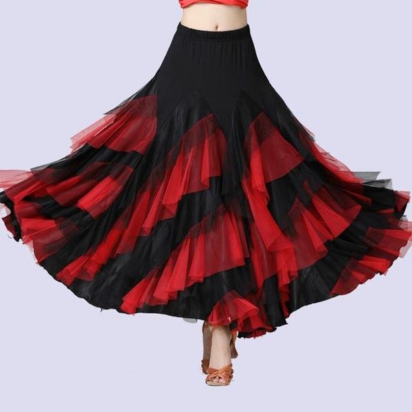 

new women dancing costume flamenco waltz ballroom dance skirt classical competition practice layered big swing spanish skirts, Black;red