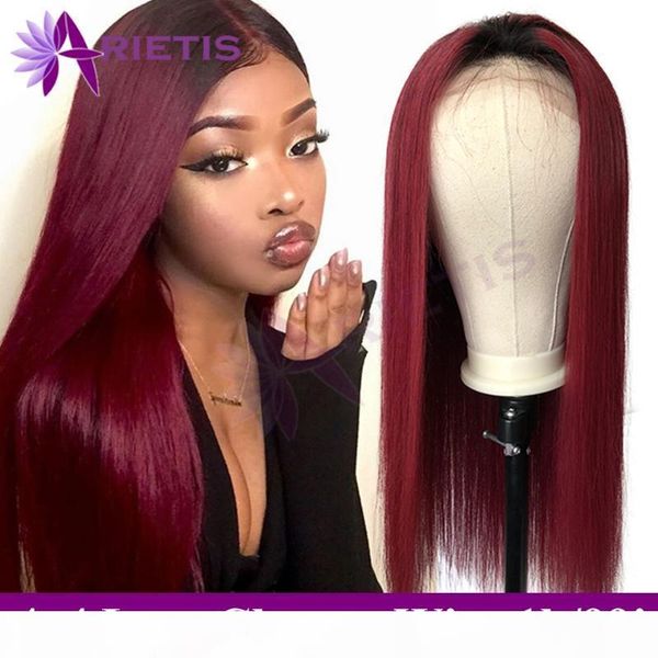 

arietis 4x4 lace closure wigs human hair brazilian 1b 99j lace wigs for black women pre plucked with baby hair 1b 27 30 wig, Black;brown