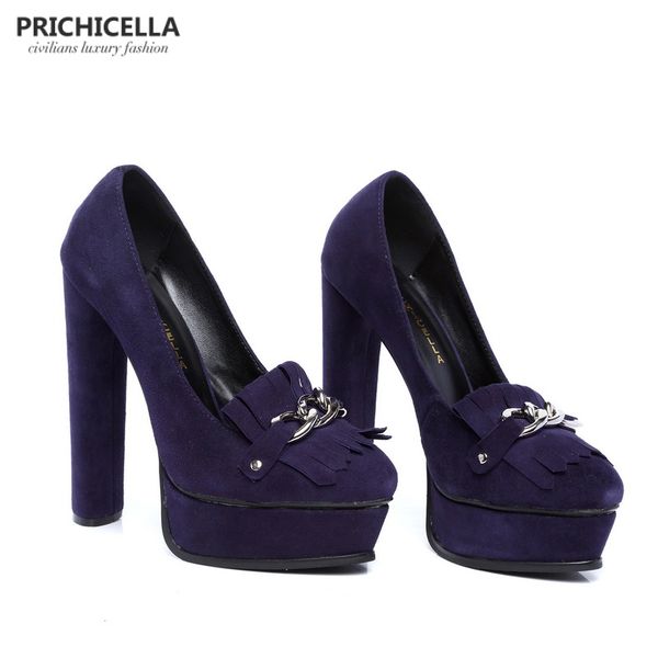

prichicella quality genuine leather purple suede platform pumps women high heel dress -42 lj201112, Black