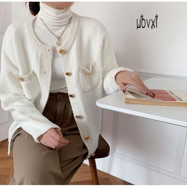 

temperament retro long-sleeved knitted sweater women's autumn and winter korean loose wild elegant woman blouse, White