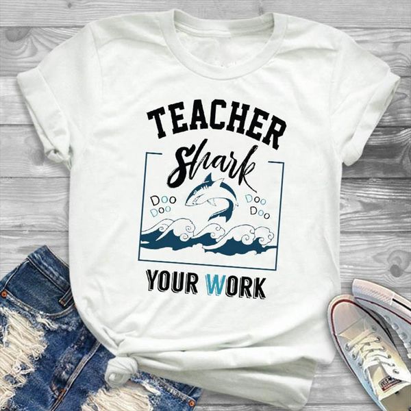 

women lady t shirt teacher shark printed tshirt ladies short sleeve loose tee shirt women female clothes graphic t shirt, White