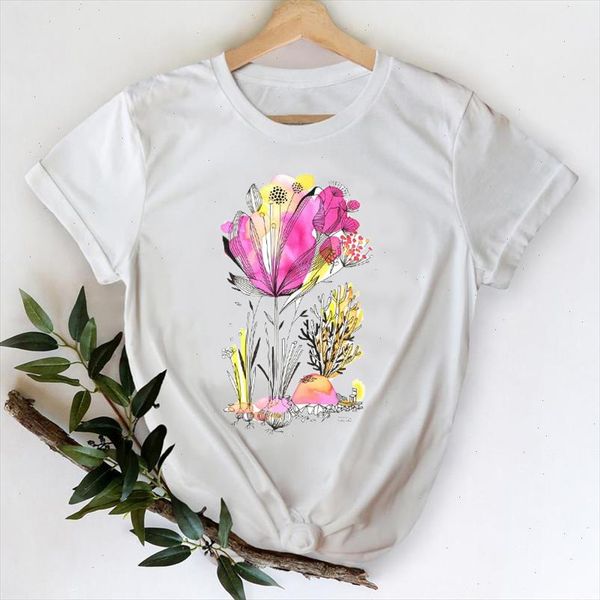 

t shirts women 2021 floral flower watercolor girl 90s cartoon clothes printing graphic tshirt lady print female tee t shirt, White