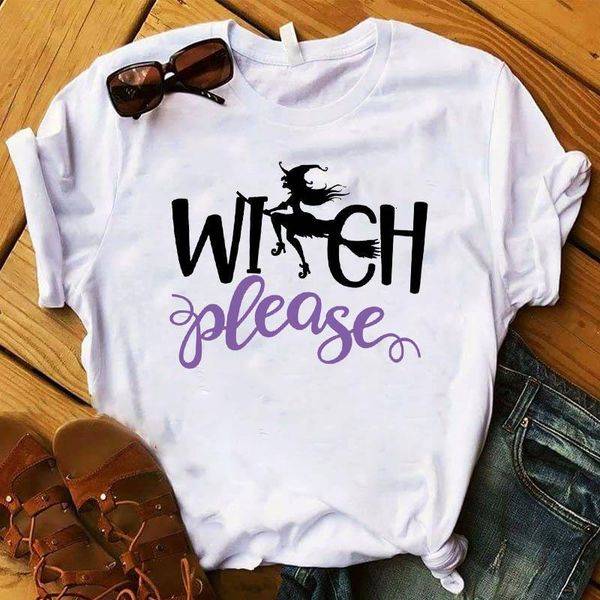 

women lady t shirt witch please printed tshirt ladies short sleeve loose tee shirt women female clothes graphic t-shirt, White