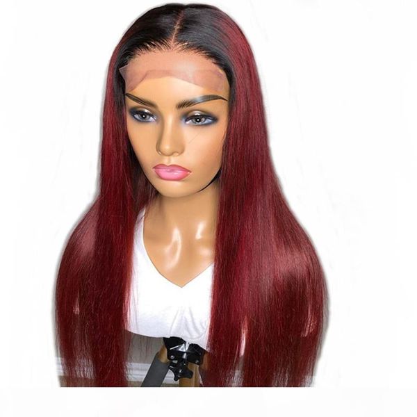 

straight 1b burgundy 13x6 lace front human hair wig remy brazilian hair 150% 99j 5*5'' silk base lace wig, Black;brown