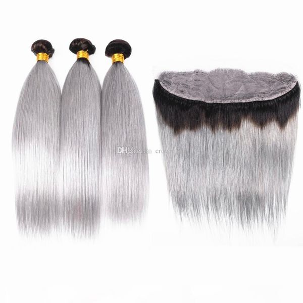 

colored grey virgin human hair weaves with frontal #1b grey silky straight ombre 13x4 ear to ear frontal with bundles 4pcs lot, Black
