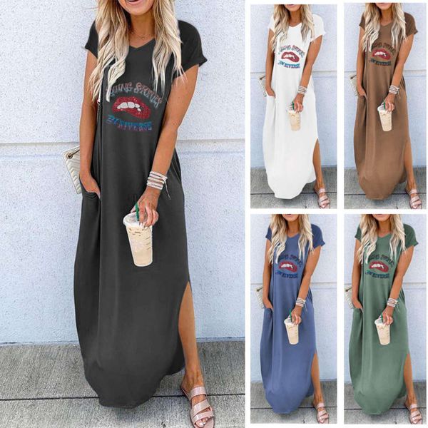 

2020 new round neck short women's sleeve loose medium length drs, Black;gray