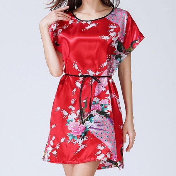 

women soft silk sleepwear imitated sleep floral dress strip tunic homewear plus size sleepwear breathable casual leisure wear1, Black;red