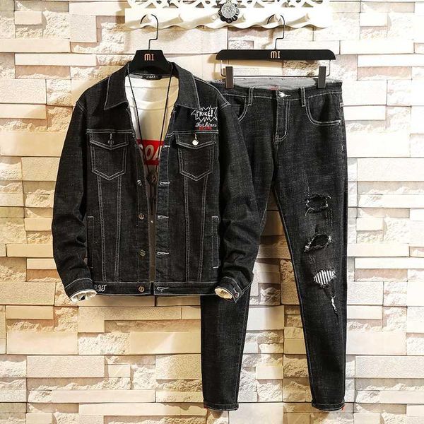 

autumn tracksuit men woman letter embroidery hole casual denim suits men's two piece sets turn down collar jacket+pants twinsets1, Gray