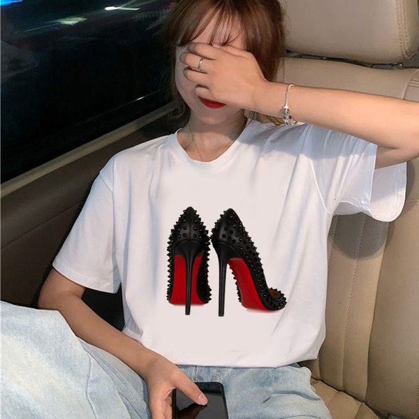 

women's casual high-heel fashion printed short-sleeved and graphics t-shirt harajuku female clothes, White