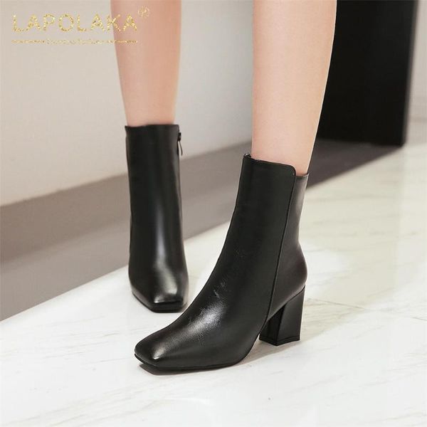 

boots lapolaka 2021 design plus size 48 ankle woman shoes chunky high heels concise zip up spring autumn ladies, Black