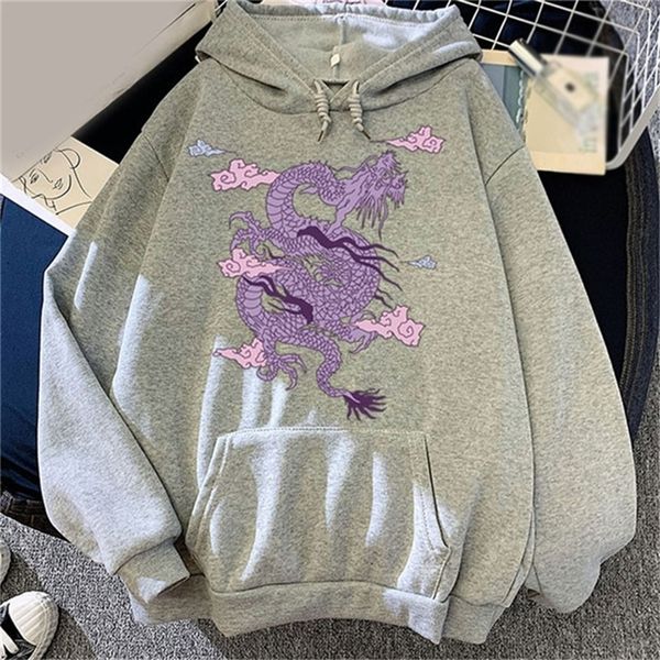 Herbst Drachen Muster Druck Fleece Frauen Hoodies Kordelzug Tasche Weibliche Pullover Einfache Streetwear Casual Damen Sweatshirts 201209