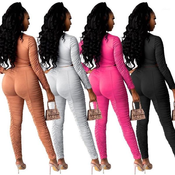 

2020 o-neck women's set solid two piece set casual skinny tracksuit long sleeve and ruched long pants suit outfits1, Gray