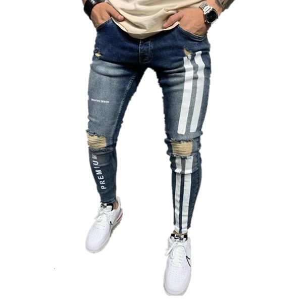 

printed 2021 america new style thin male jeans pencil fashion pants vertical stripe oil paint denim 1 2cl6, Blue