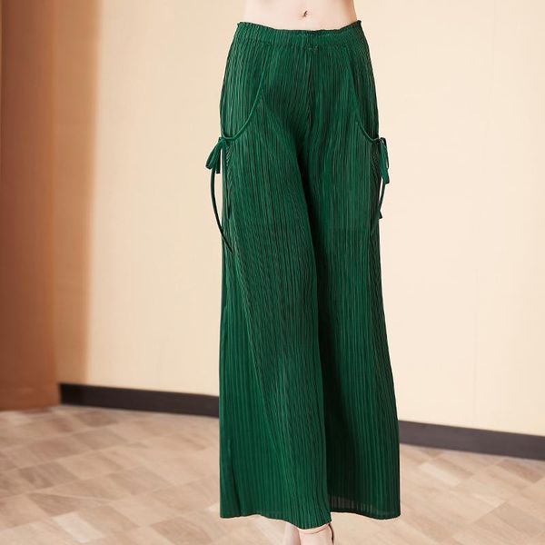 

wide leg pants plus size summer for women 45-75kg elastic loose miyake pleated solid colour fashion casual ankle-length pants1, Black;white
