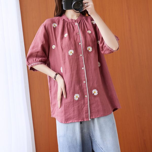 

women's stand collar daisy floral loose mid-sleeve and shirt women's cotton linen shirt cotton linen new autumn 2020 mig7i, White
