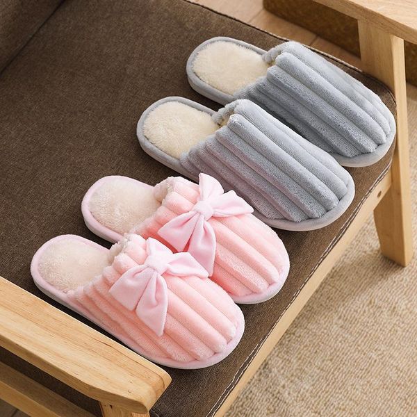 

slippers bowknot warm cotton shoes women mens soft plush home indoor outdoor round toe couple winter, Black