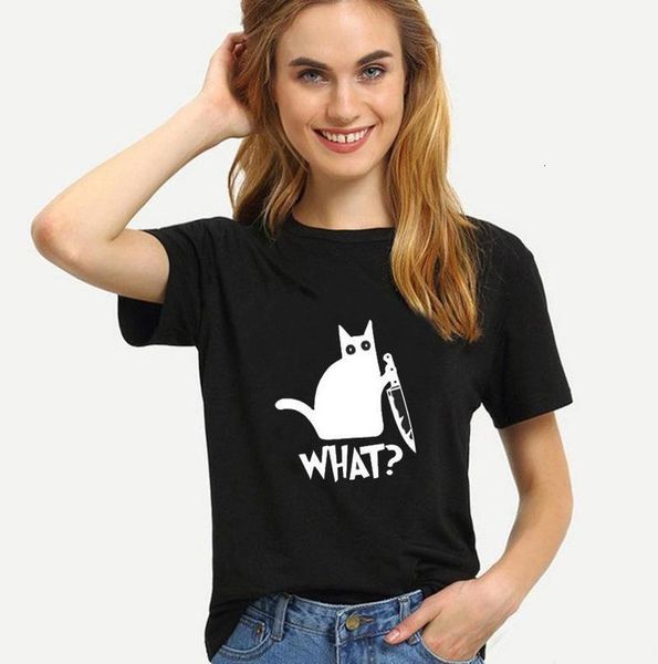 

what cat letter print t shirt women short sleeve o neck loose tshirt 2021 summer women tee shirt camisetas mujer, White
