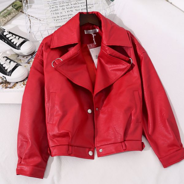 

2021 new autumn women pu coat leather black red from false female soft short loose jacket h5fg