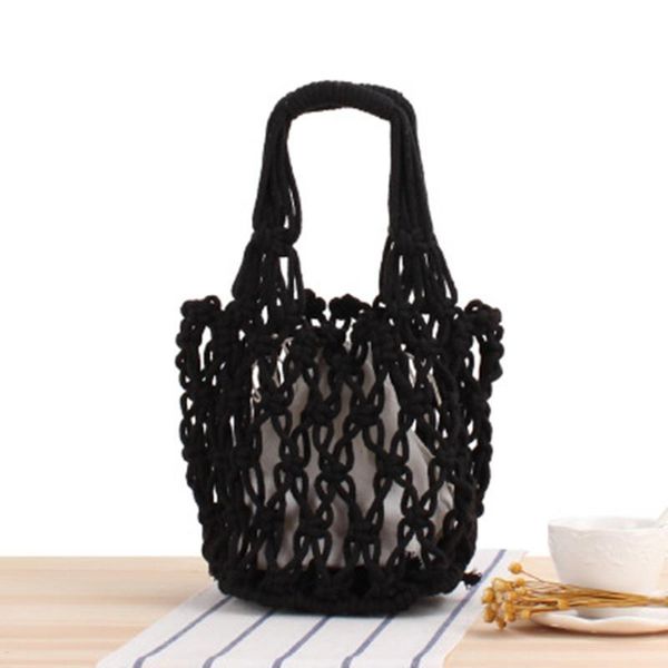 

college style retro fashion hollow thick cotton woven bag portable net bag bucket leisure women's travel beach